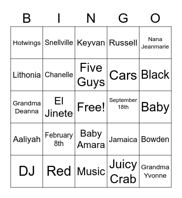 Baby Amara Bingo Card