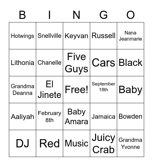 Baby Amara Bingo Card