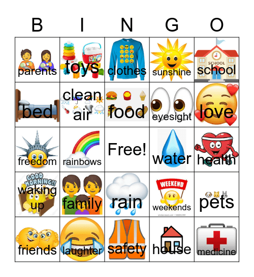 Things I am Thankful for... Bingo Card