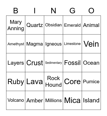 Rocks and Minerals Bingo Card