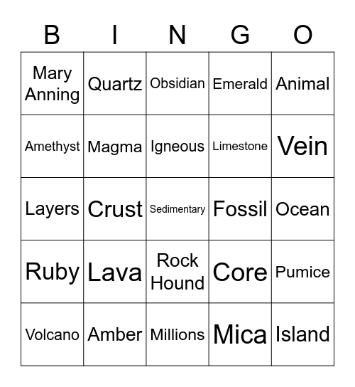 Rocks and Minerals Bingo Card