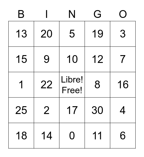 French Small Numbers 0-30 Practice Bingo Card