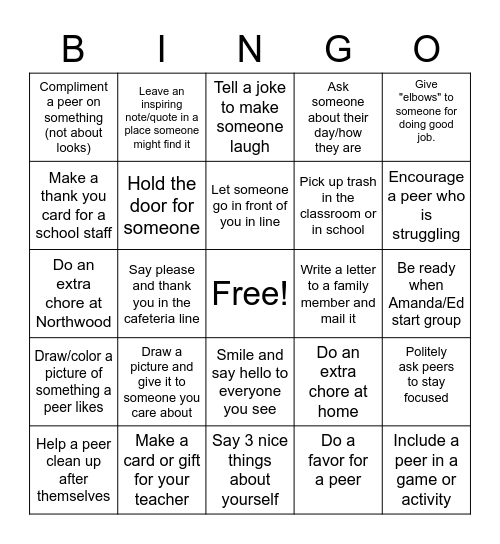 Random Acts of Kindness Bingo Card