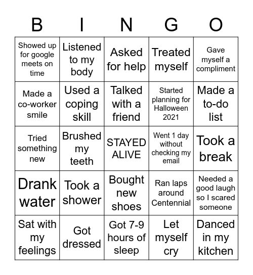 Centennial Staff Self-Care Bingo Card