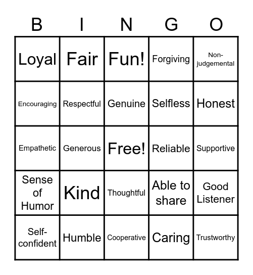 Friendship Bingo Card