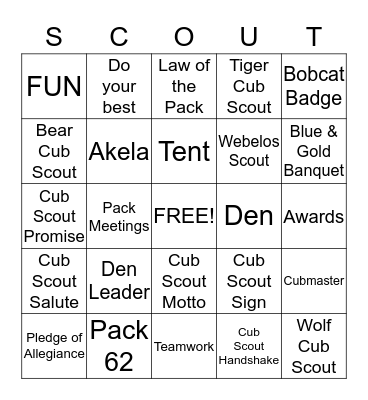 Tiger Scout Bingo Card