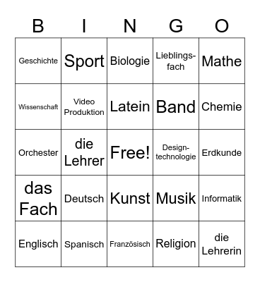 German School Subject Bingo Card