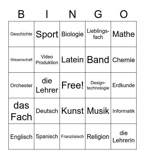 German School Subject Bingo Card