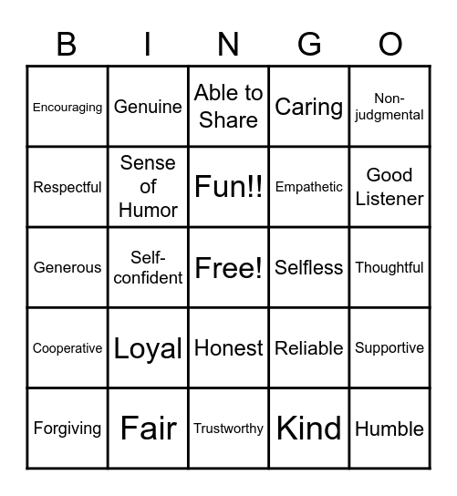 Friendship Bingo Card