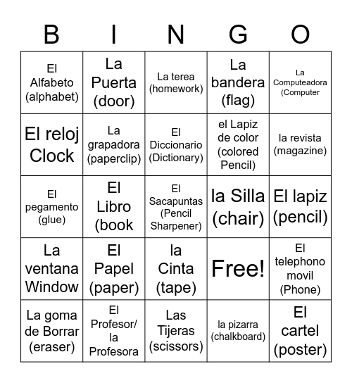 Spanish Bingo Card