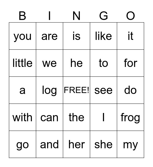Kindergarten Words Bingo Card