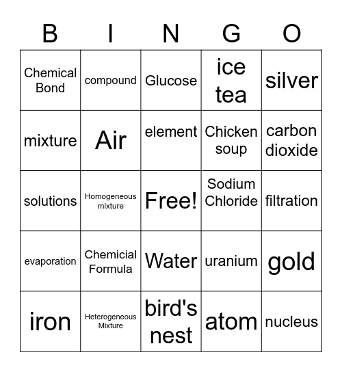 Classifying Matter Bingo Card