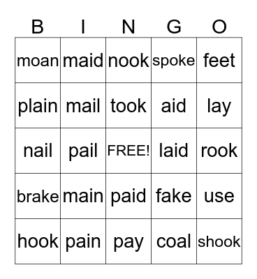 Long Vowel Sounds Bingo Card