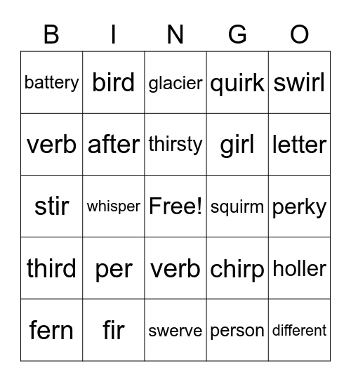 Er & Ir Words Bingo Card