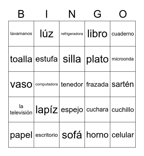 Objetos en el Cuarto Bingo Card