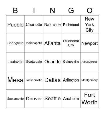 U.S. Cities Bingo Card