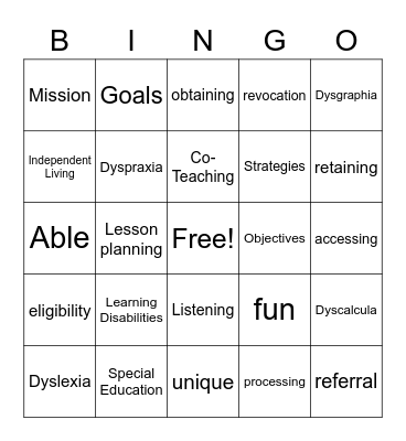 Special Education Bingo Card