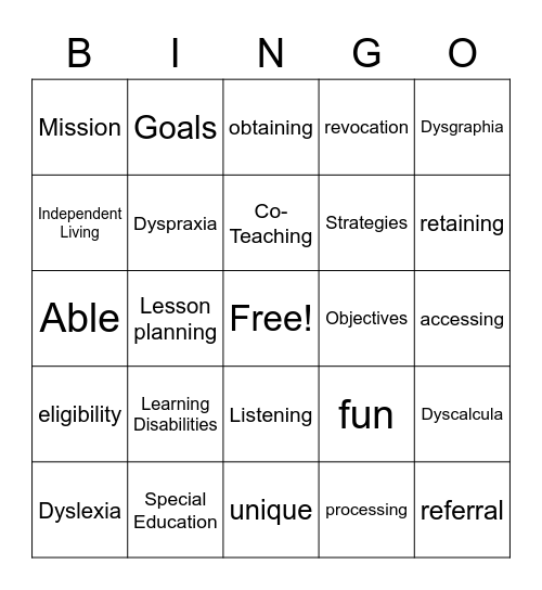 Special Education Bingo Card