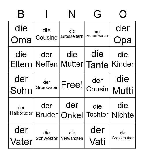 German Family Members Bingo Card
