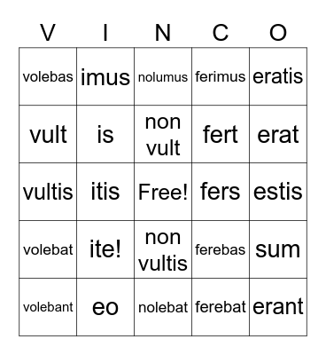 Latin Irregular Verbs Bingo Card