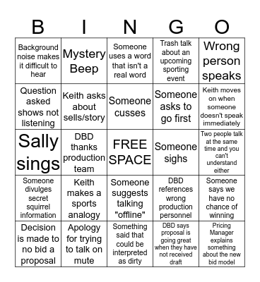Bid Call Bingo Card