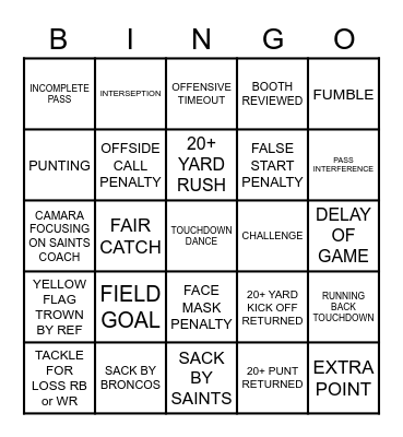 SAINTS AT BRONCOS Bingo Card