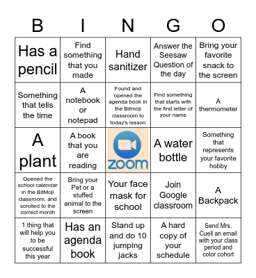 Zoom Scavenger Bingo Card