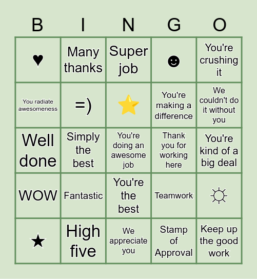 You are the best! Bingo Card
