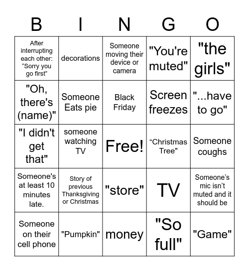 Thanksgiving Family Zoom Bingo Card