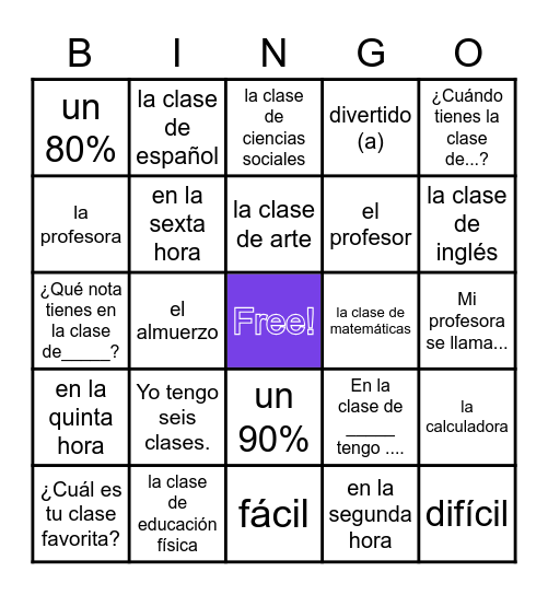 Las clases Span 1 Bingo Card