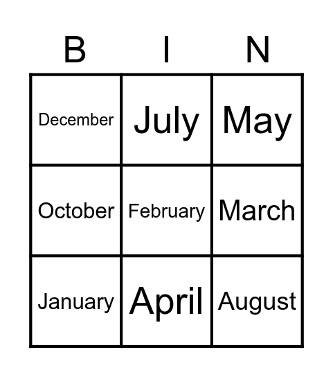 Months of the year Bingo Card