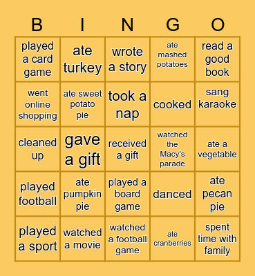 Thanksgiving Activities Bingo Card