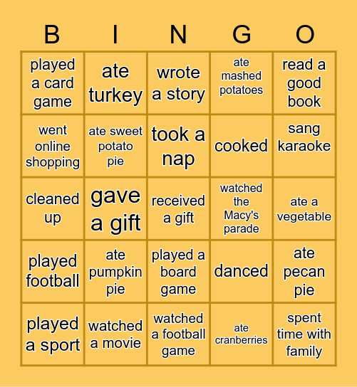 Thanksgiving Activities Bingo Card