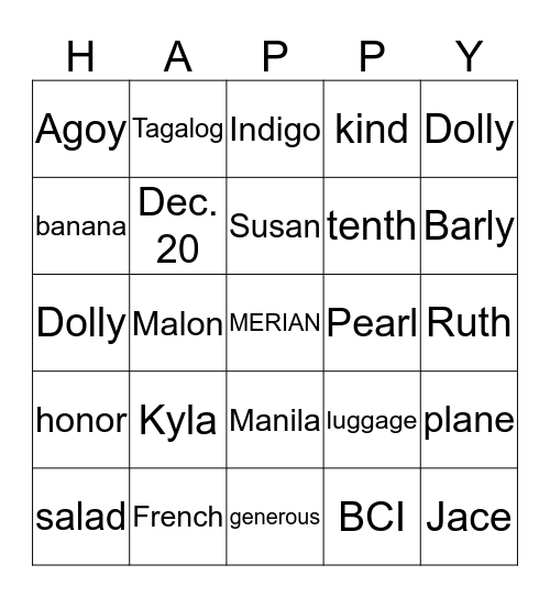 HAPPY BIRTHDAY MERIAN Bingo Card