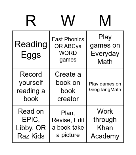 Reading, Writing & Math Bingo Card