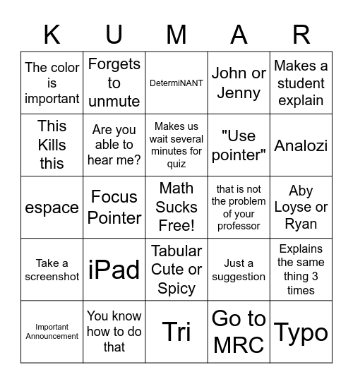 Kumar Bingo Card