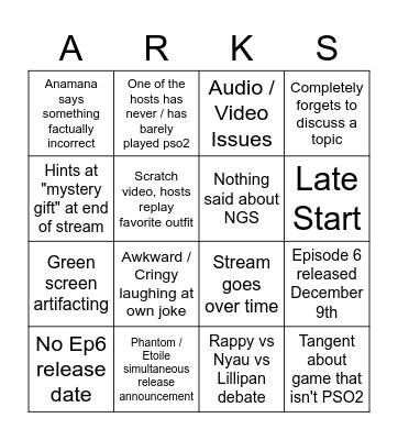 PSO2 ARKS Hour Bingo Card