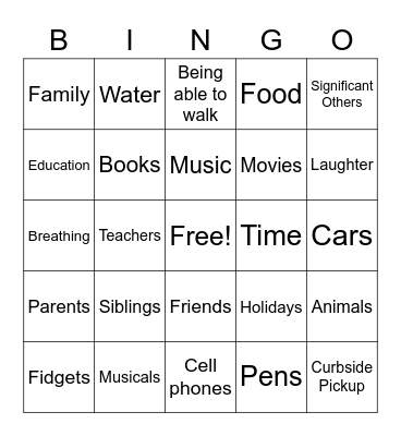 Gratitude Bingo Card