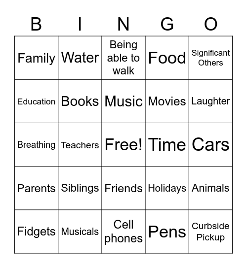 Gratitude Bingo Card