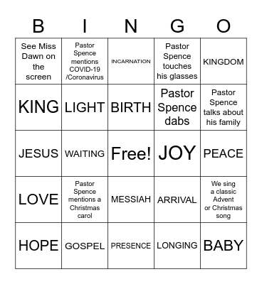 North Springs Advent Bingo Card