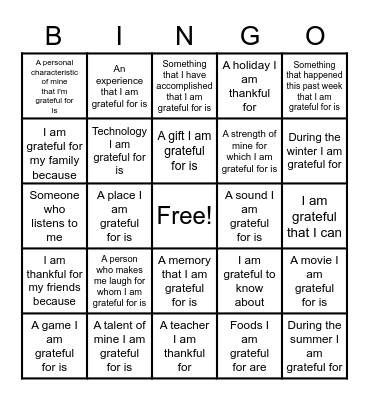 Gratitude BINGO Card