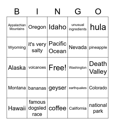 West Region Bingo Card