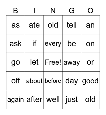 Sight Words Bingo Card