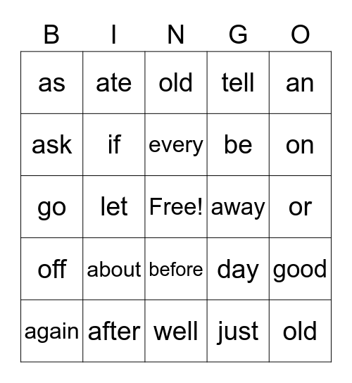 Sight Words Bingo Card