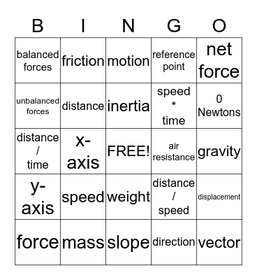 Force and Motion Bingo Card