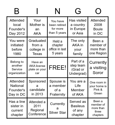 ALPHA KAPPA ALPHA SORORITY Bingo Card