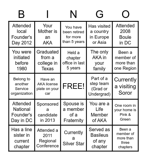 ALPHA KAPPA ALPHA SORORITY Bingo Card