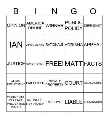 Hansen vs. America Online Bingo Card
