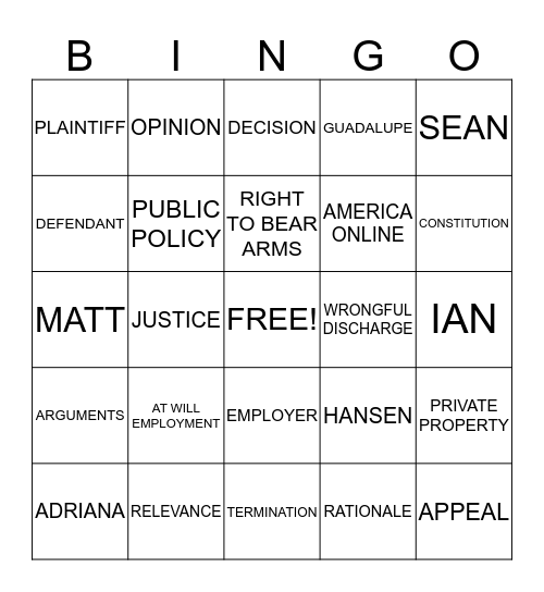 Hansen vs. America Online Bingo Card