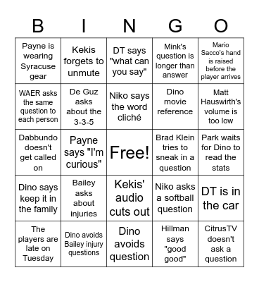 Syracuse Football Media Zoom Bingo Card